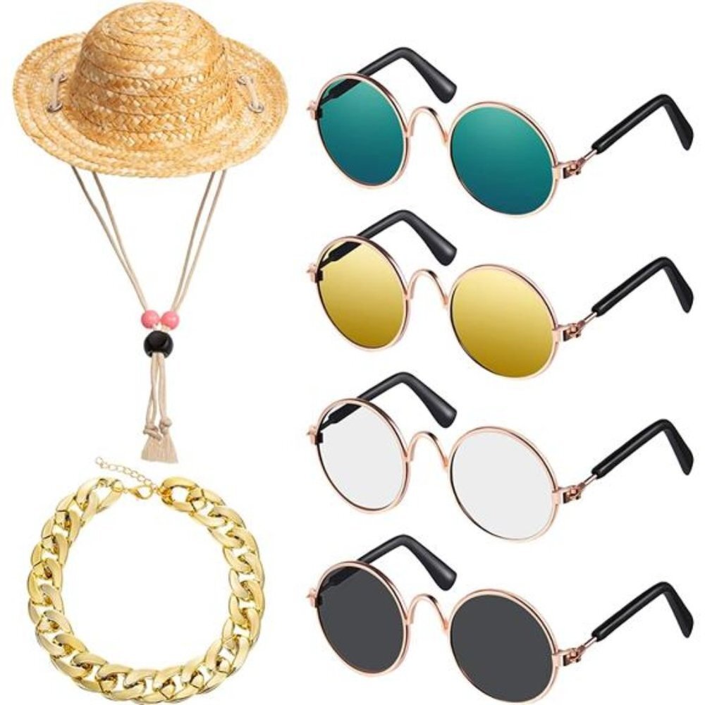 6 Pieces Pet Sunglasses and Summer Pet Straw Hat with Faux Gold Chain Collar